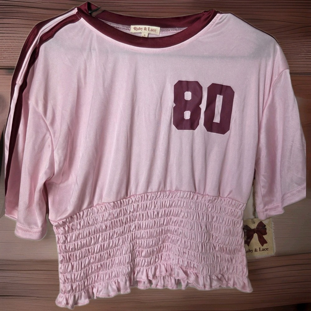 Ruby & Lace Smocked Vatsity Crop Top Jersey Tee Size S NWT